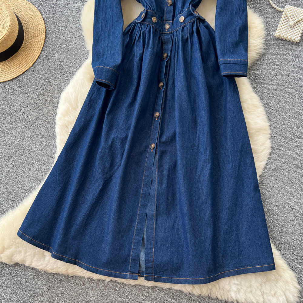 Summer Womens Denim Shirt Dress Long Sleeve Waist Defining A Line Silhouette Elegant Casual Style Wholesale