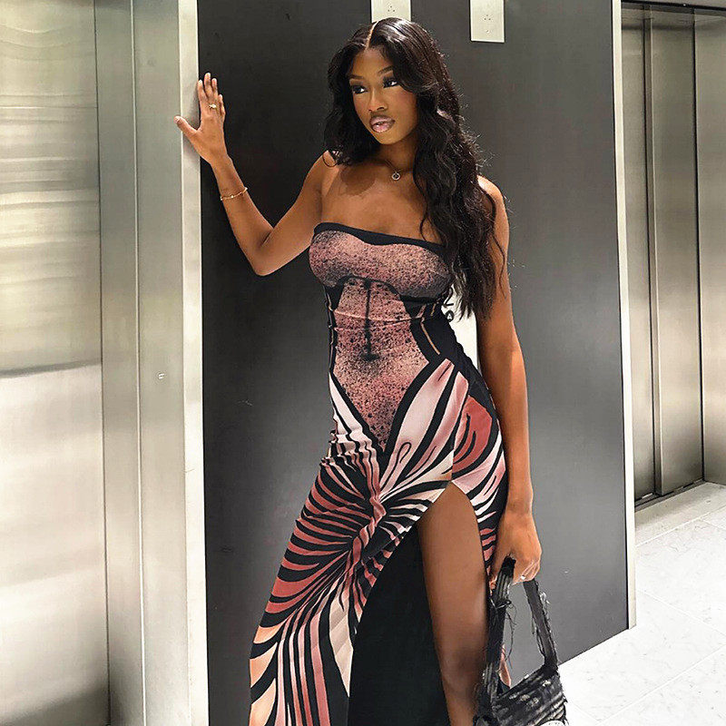 3D Printed Strapless Maxi Dress Spring Fashion High Slit Elegant Style Perfect for Parties and Events Wholesale