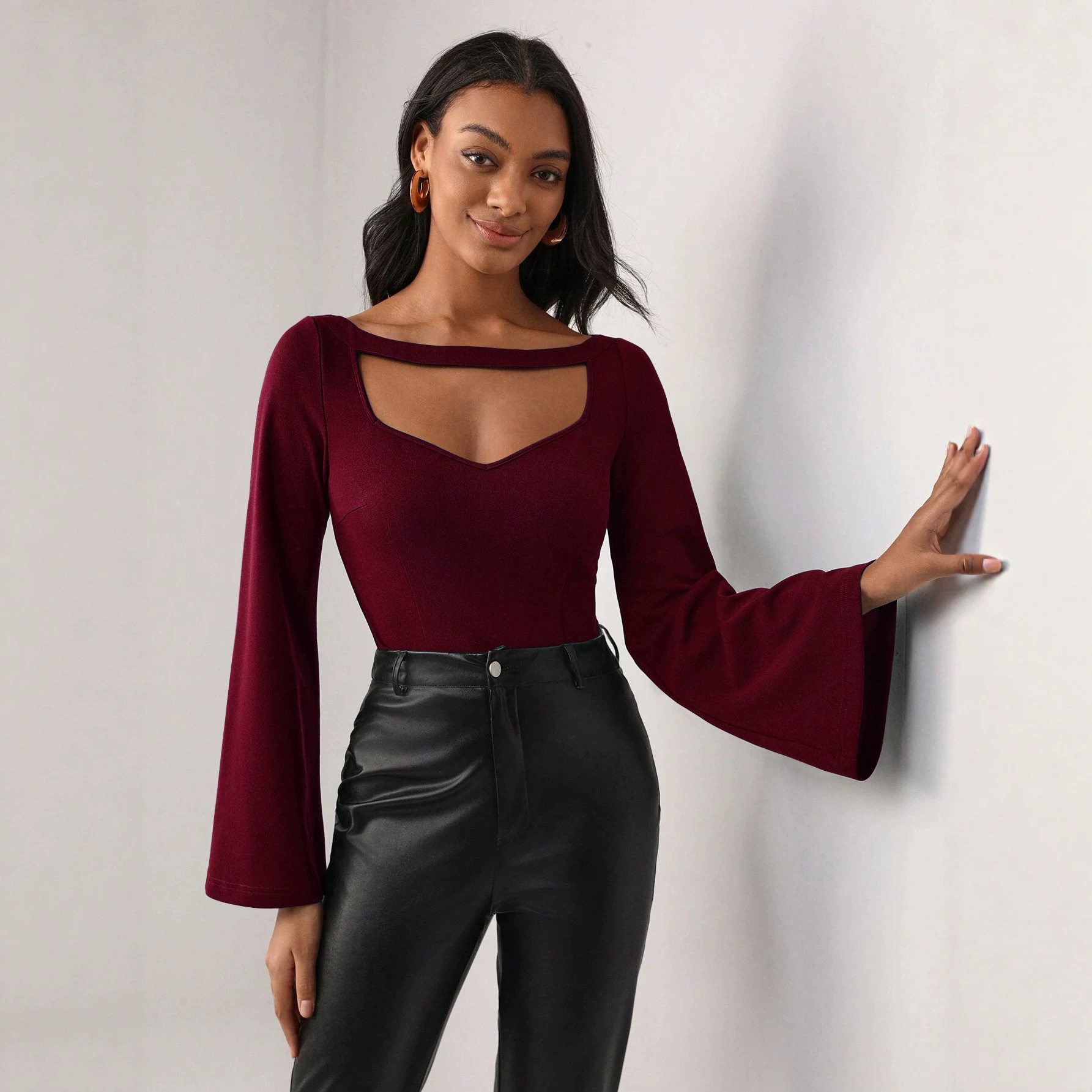 Bell Sleeve Top Hollow Design Slim Fit Elegant Style Perfect for Office Wear Wholesale Available
