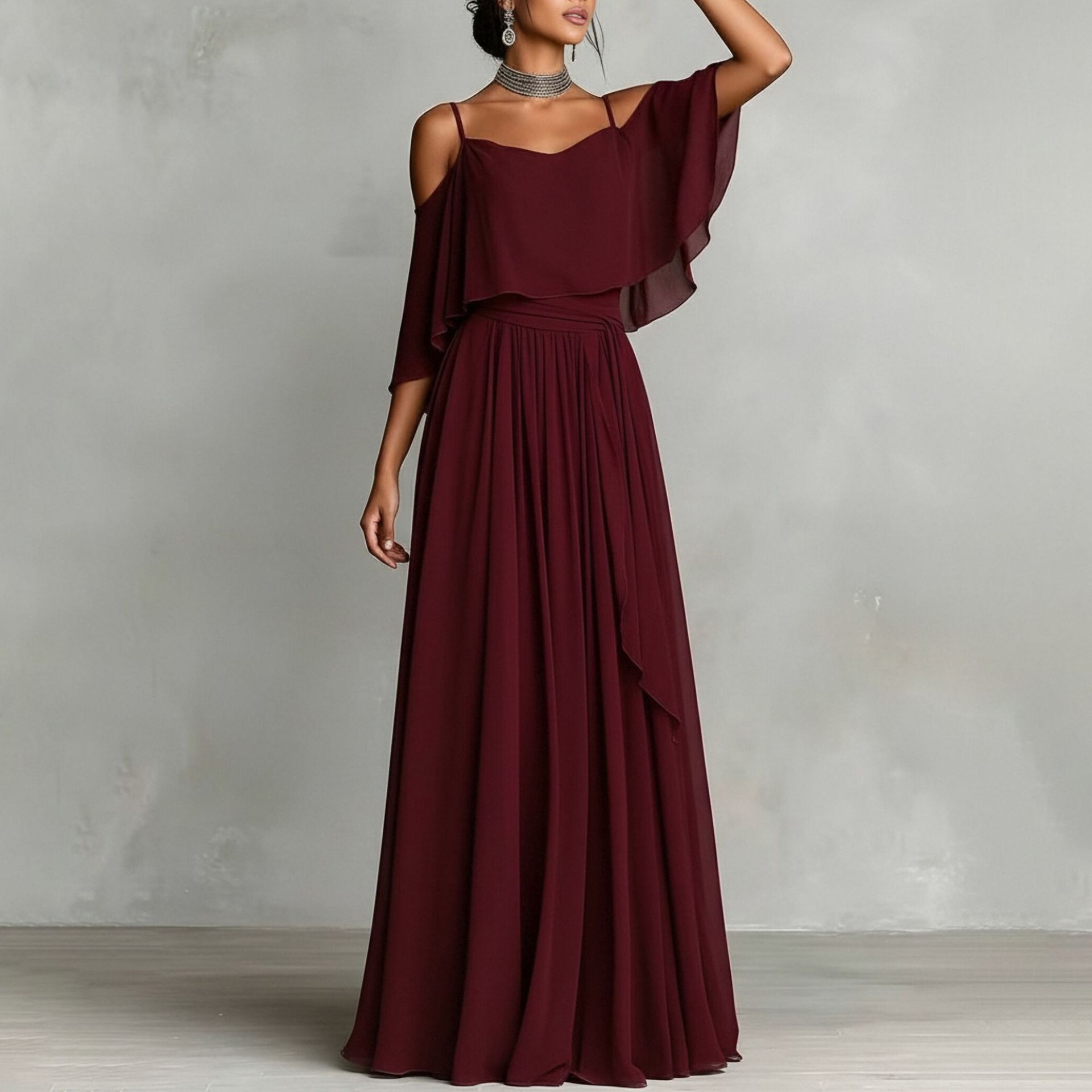 Elegant Womens Maxi Dress Lightweight Solid Color Pleated Design Mesh Details Summer Occasion Wholesale Available