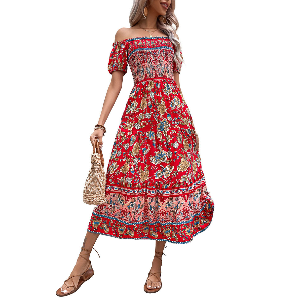 Vintage Bohemian Off Shoulder Printed Dress Summer Vacation Style Lightweight Fabric Comfortable Fit Wholesale