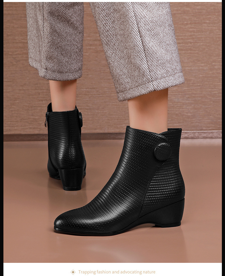 Boot nữ cổ thấp gót dốc mềm da PU khóa kéo bên mũi tròn tôn dáng — Màu đen, Màu nâu