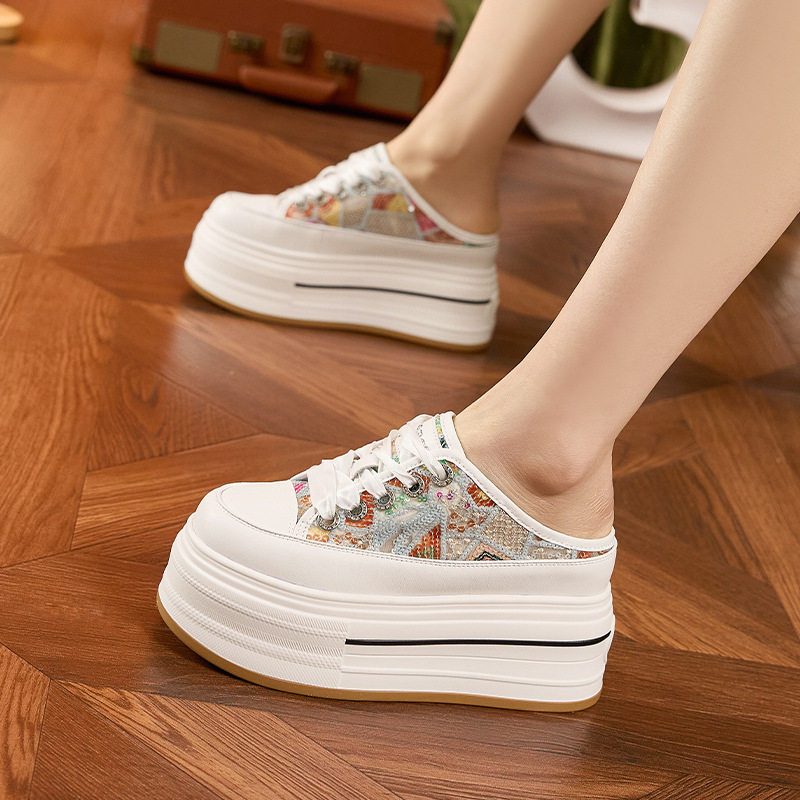 Sandal cao gót nữ hở mũi quai ngang đế dày, gót siêu cao 8 cm, phong cách thể thao — Trắng, Bạch kim