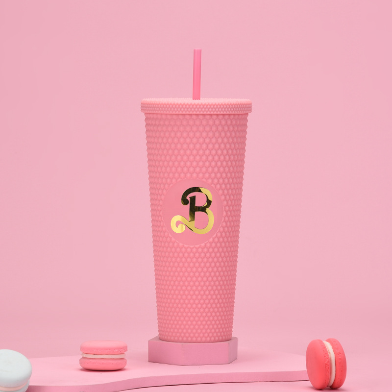 双层塑料吸管杯710ml大容量创意吸管杯扎手杯榴莲杯便携钻石杯