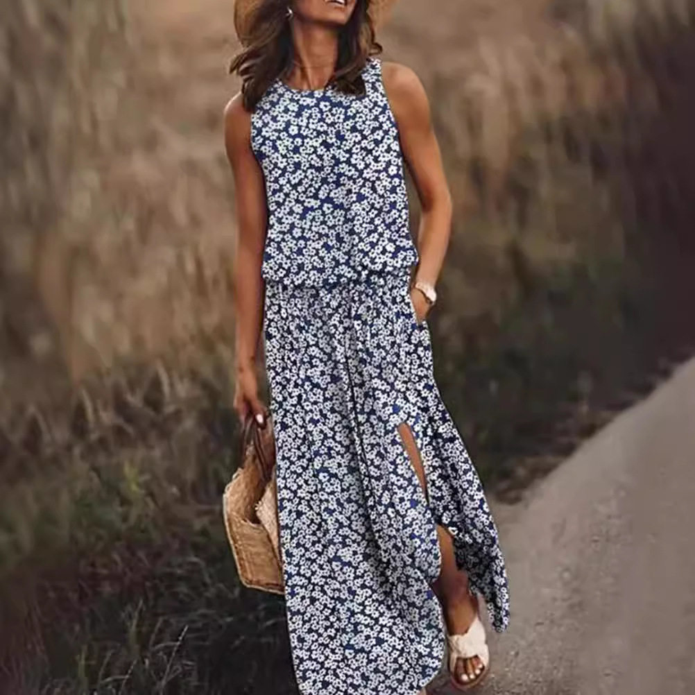 Floral Print Sleeveless Maxi Dress Round Neck Split Hem Lightweight Fabric Summer Casual Wear Wholesale Available