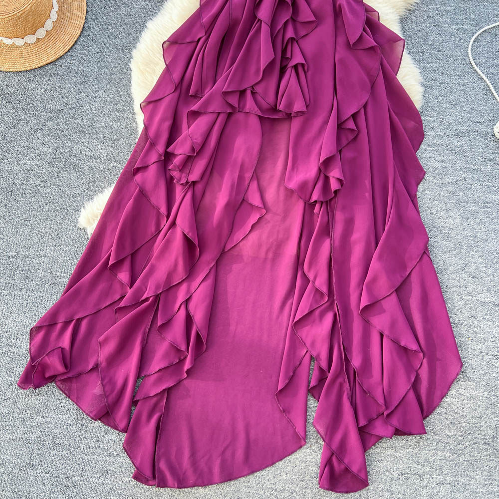 Summer Vacation Halter Ruffle Dress for Women High Waist A Line Irregular Hem Casual Office Wear Wholesale Available
