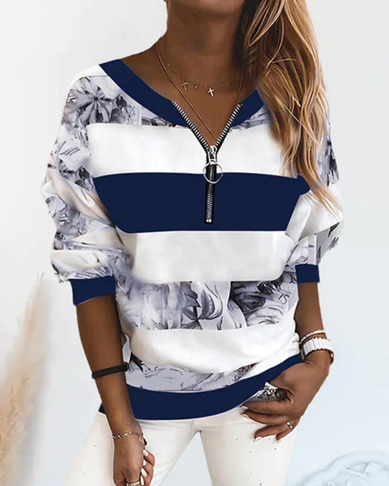 Womens Color Block Floral Print Zip V Neck Long Sleeve Top Autumn Winter Style Wholesale Available