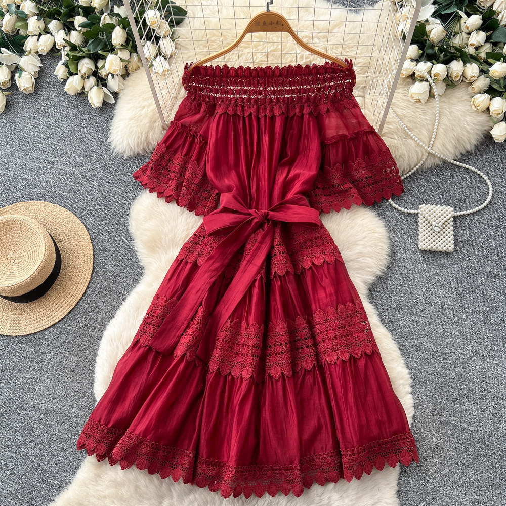 Off Shoulder Lace Trimmed Dress Summer Short Sleeve Red Slim Fit Elegant Style Perfect for Romantic Occasions