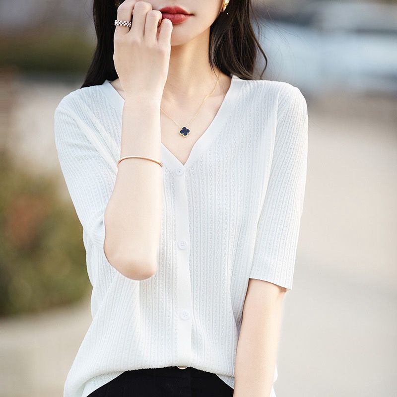 Summer Short Sleeve Knitted Cardigan Lightweight Loose Fit Twisted Design Pearl Texture Casual Wear Wholesale