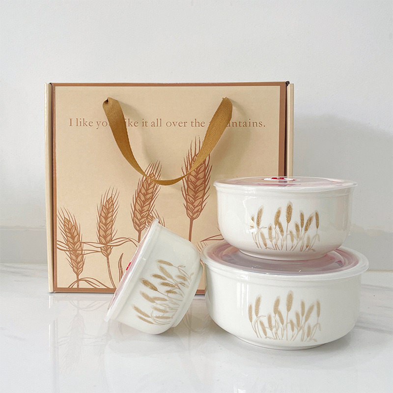Ceramic Fresh-keeping Bowl Three-piece Set Sealed Lunch Box Creative Gift Set Bowl Opening Activities Promotional Return with Printed LOGO