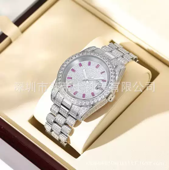 Iced-Out Full Diamond Men's Quartz Watch with Calendar, Inlaid with Zircon and Colored Diamonds, Unique Design, Stainless Steel, Waterproof Material