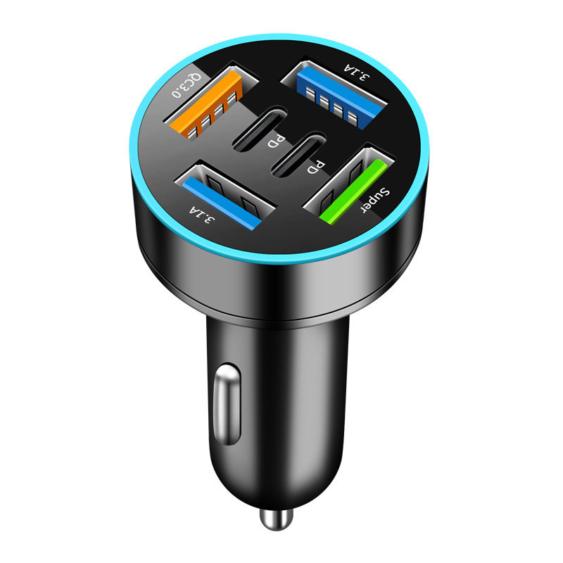 New Digital Display Car Charger 4Usb Super Fast Charge 66W Pd Mobile Phone Charging Head One to Four with Halo Car Charging
