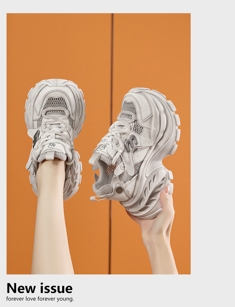 Giày sandal nữ cao gót mũi tròn quai ngang đế dày thoáng khí — Xám lưới đơn, Vàng lưới đơn, Hồng lưới đơn chi tiết 14