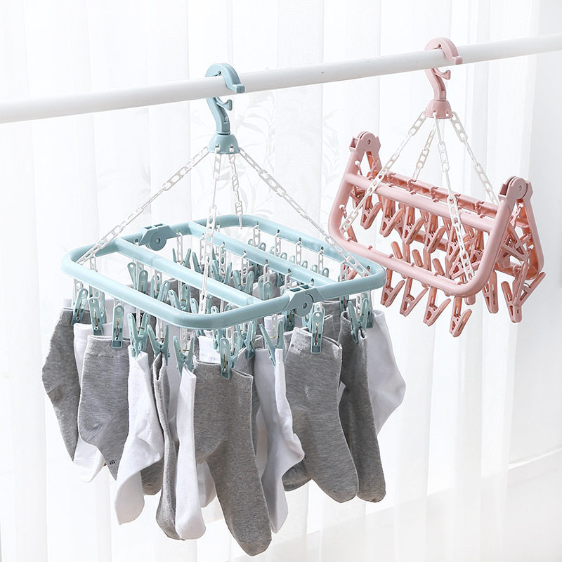 32-Clip Multi-Functional Drying Rack with Multiple Heads, Plastic Clips for Underwear, Socks, and Clothes Drying Rack