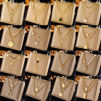 European and American Cross-Border Fashion Retro Gold-Plated Double-Layer Stacked Multi-Element Pendant Butterfly Pearl Portrait Medallion Necklace