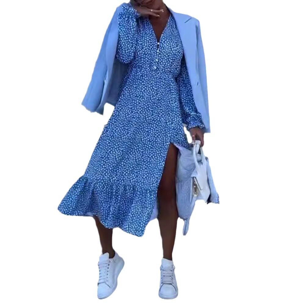 Floral Print Long Sleeve V Neck Patchwork Dress Summer Collection Casual Wear for Women OEM Available
