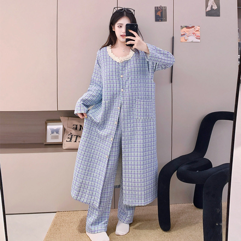 Pregnant Women's Autumn and Winter Air Cotton Nursing Plus Robe Suit Plaid Cardigan for Maternity Warm Sandwich Nursing Robe Maternity Suit
