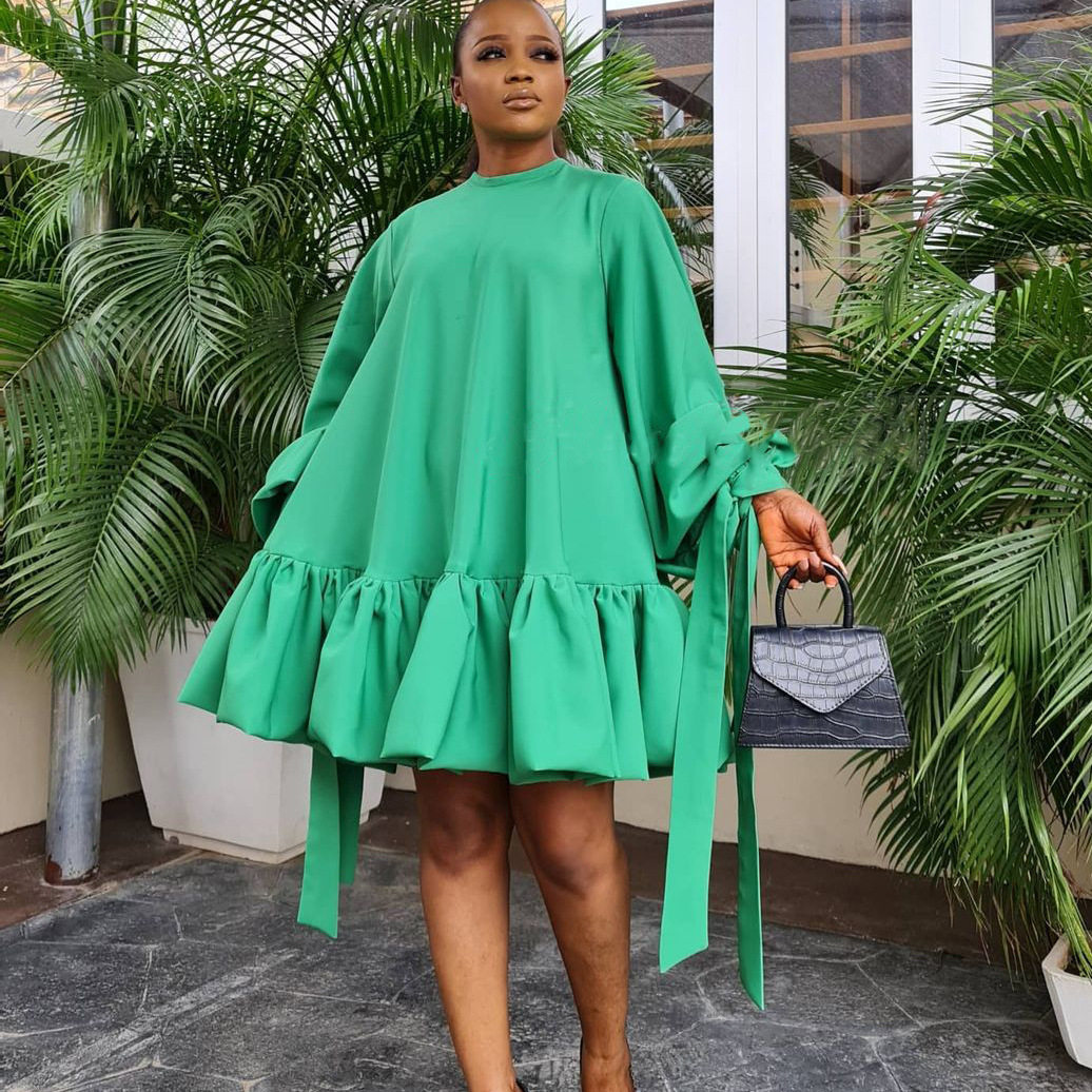 Loose Fit Solid Color Puff Sleeve Dress Plus Size Autumn Style Comfortable Fabric Wholesale Availability
