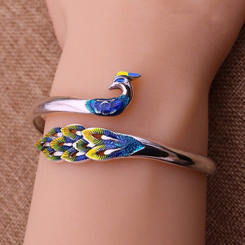 Painted Cloisonné Peacock Silver-Plated Bracelet Phoenix Ethnic Style Retro Thai Silver Exquisite Fashion Cut Out Phoenix Bracelet