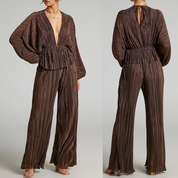 Foreign trade women's suit autumn and winter new high elastic pleated waist deep V sexy casual wide leg pants two-piece 3003