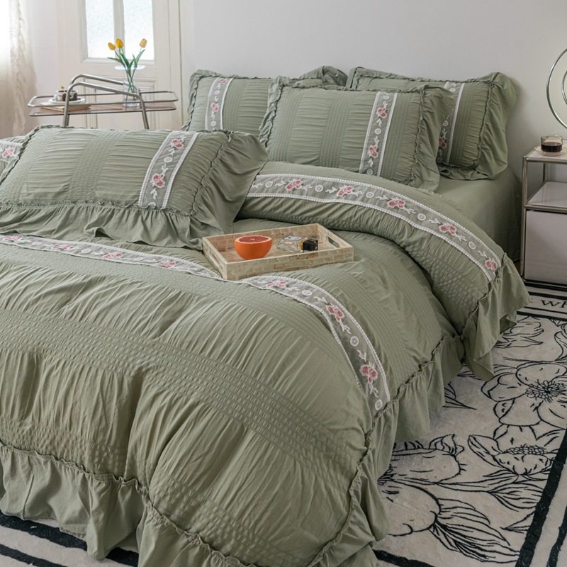 French seersucker embroidered sanding four-piece lace quilt cover bed sheet three-piece bedding