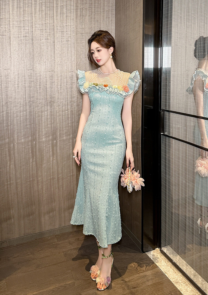 Đầm ôm body nữ cổ tròn tay phồng đuôi cá cao eo — [Xanh băng thanh] chi tiết 5