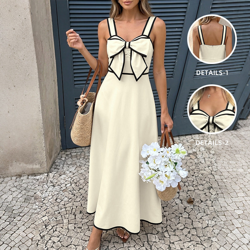 Vintage Inspired Color Block Bow Tie Waist Sundress Elegant Design Comfortable Fit Perfect for Summer Vacations