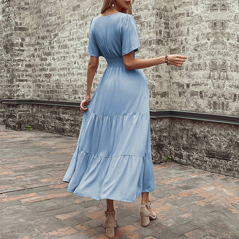 Elegant Summer V Neck Ruffled Hem Dress Slim Fit Solid Color Versatile Style Perfect for Casual or Formal Occasions