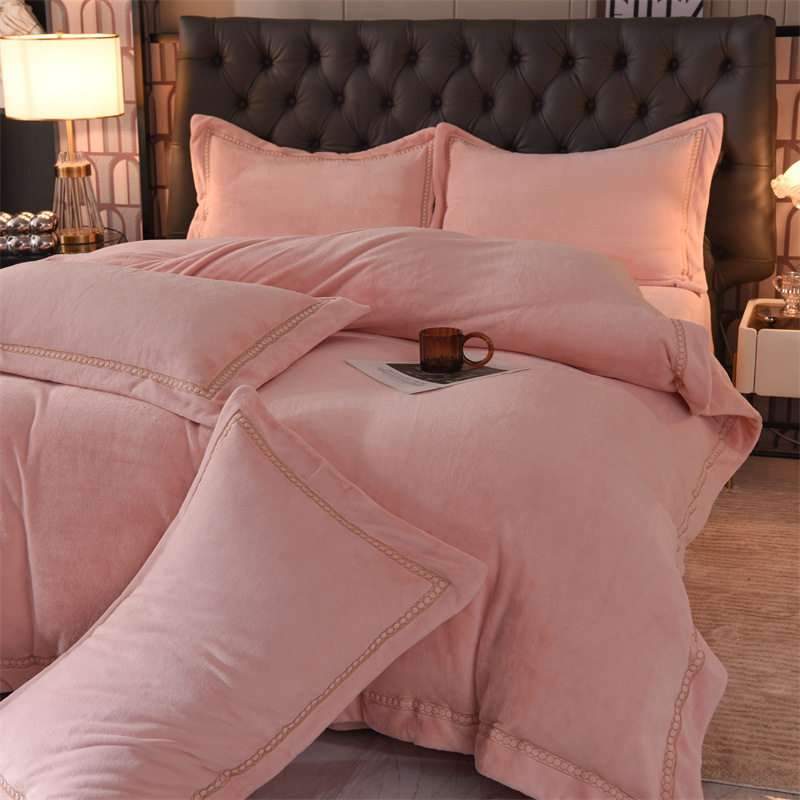 Winter A-Grade Maternal and Infant-Grade High-Precision Milk Velvet Four-Piece Set with High Weight Solid Color Embroidered Duvet Cover, Bed Sheet, and Fitted Sheet
