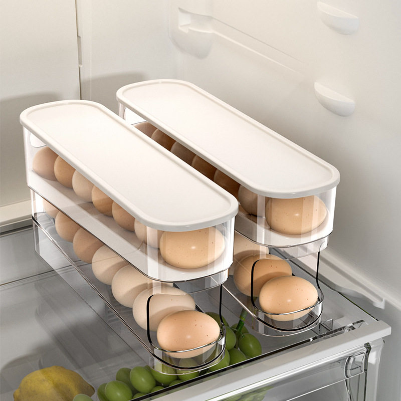 Egg Carton Storage for Refrigerator, Food-Grade Rolling Egg Rack, Kitchen Preservation Freezer Side Door Storage Box with Lid