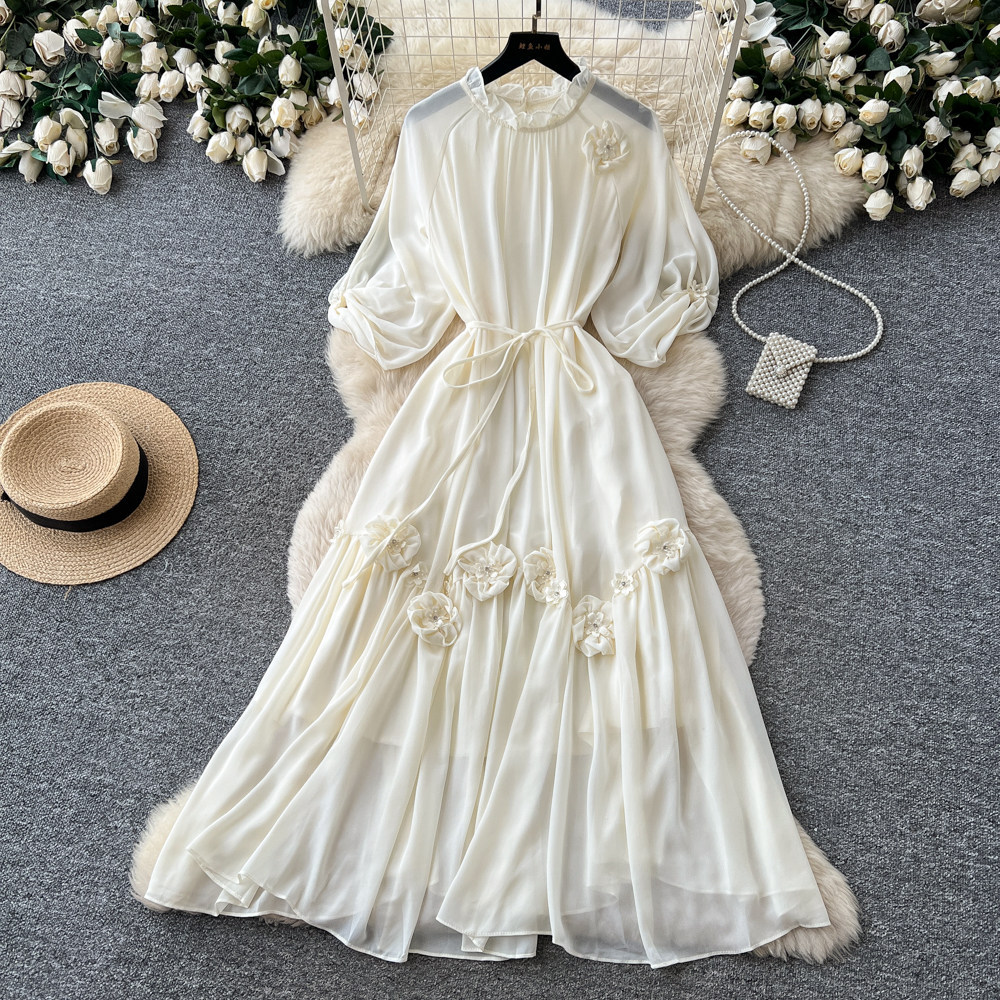 Elegant Summer A Line Dress for Women High Waist 3D Floral Design Long Sleeve Perfect for Formal Occasions