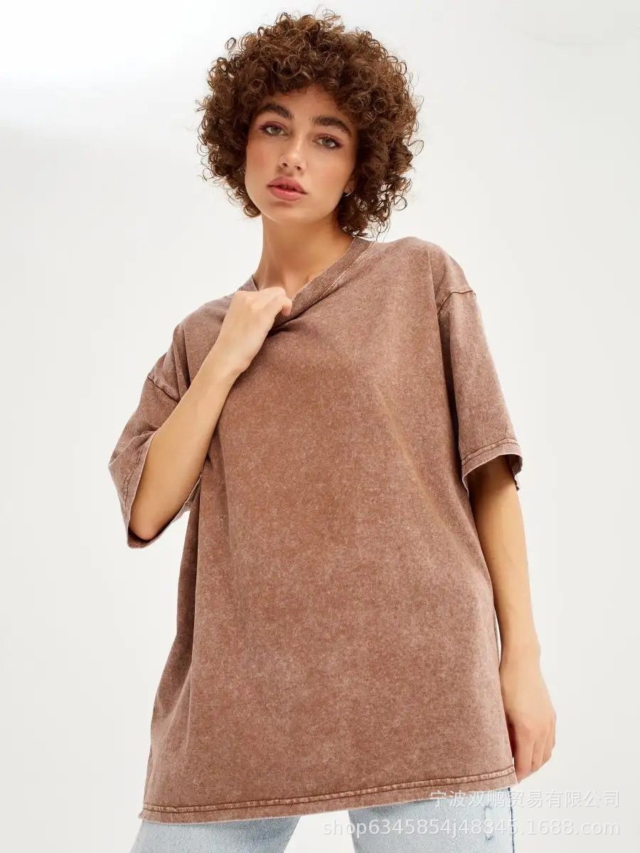 Womens Vintage Wash Dyed T Shirt Solid Color Short Sleeve 100 Cotton Spring Summer Casual Wear Wholesale Available
