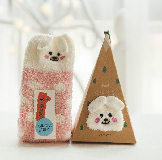 日系圣诞地摊袜子刺绣立体家居珊瑚绒卡通加厚毛巾地板半边绒女袜