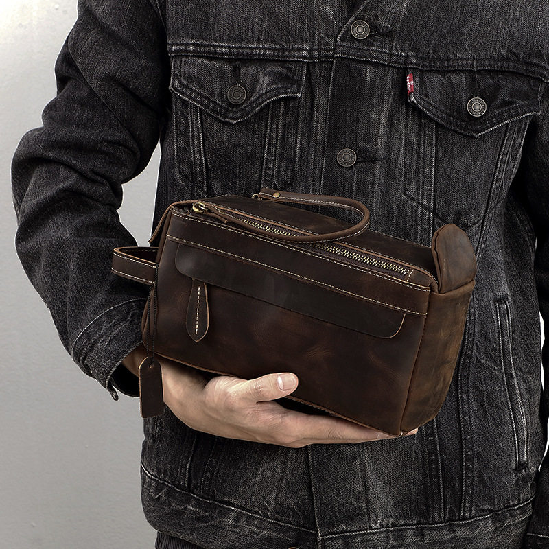 Genuine Leather Toiletry Bag, Multifunctional Travel Cosmetics Bag, First-Layer Cowhide Men's Clutch Bag, Large-Capacity Handbag, Crazy Horse Leather