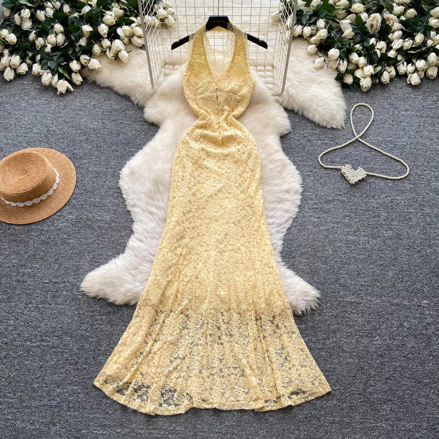 French Style Sleeveless Lace Maxi Dress Slim Fit Elegant Vacation Ready Summer Collection Wholesale Available