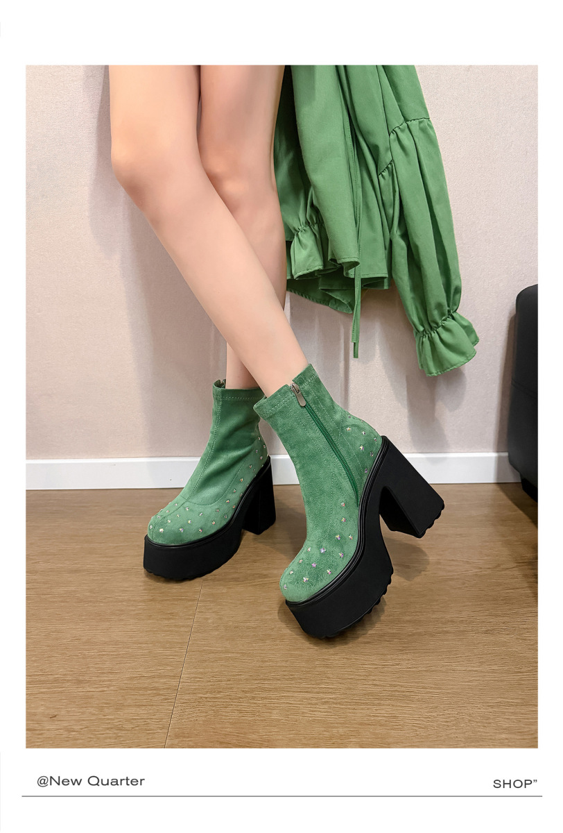 Boot nữ cổ ngắn đế dày khóa kéo bên hông, gót thô tăng chiều cao — Lớp lót đơn màu đen, Lớp lót đơn màu xanh lá, Lót nhung đen, Lót nhung xanh lá