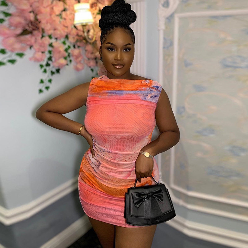 Fashionable Womens Floral Print Dress Sexy Round Neck Sleeveless Short Skirt Mesh Fabric Casual Streetwear
