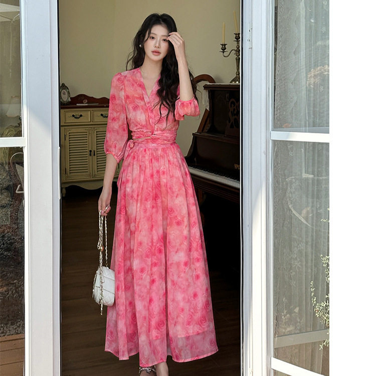 High Quality Summer Vacation Dress Floral Chiffon Sexy V Neck Cross Tie Design Perfect for Beach or Party Wholesale
