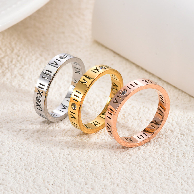 Cross-border Explosions Titanium Steel Roman Numerals Diamond Ring No Falling Personality Ring for Men and Women Couple Ring