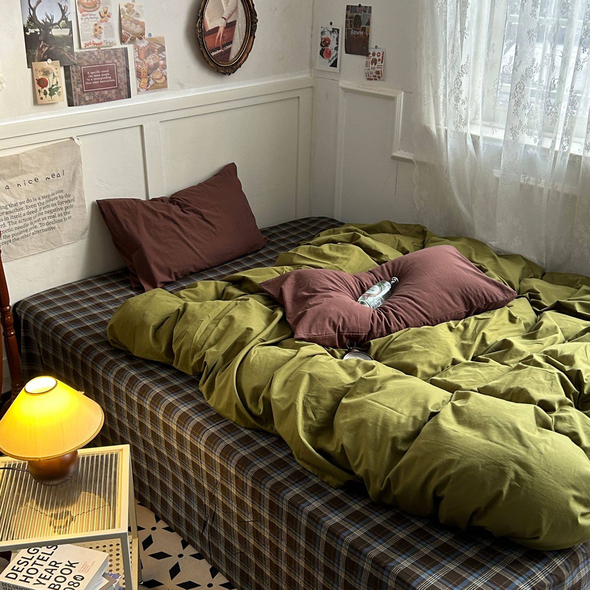 Ins Blogger with Maillard Mix Plaid Cotton Four-piece Set Retro Artistic Striped Yarn-dyed Washed Cotton