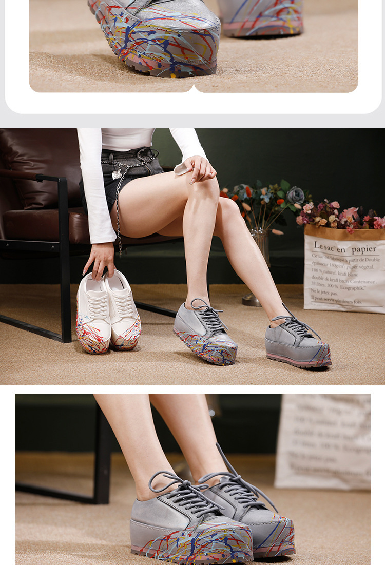 Giày sneaker nữ mũi tròn thắt dây đế dày tăng chiều cao — Màu trắng, màu xám