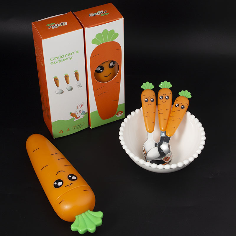 Food grade silicone 304 stainless steel baby spoon fork short handle baby children's tableware gift box suit gift home