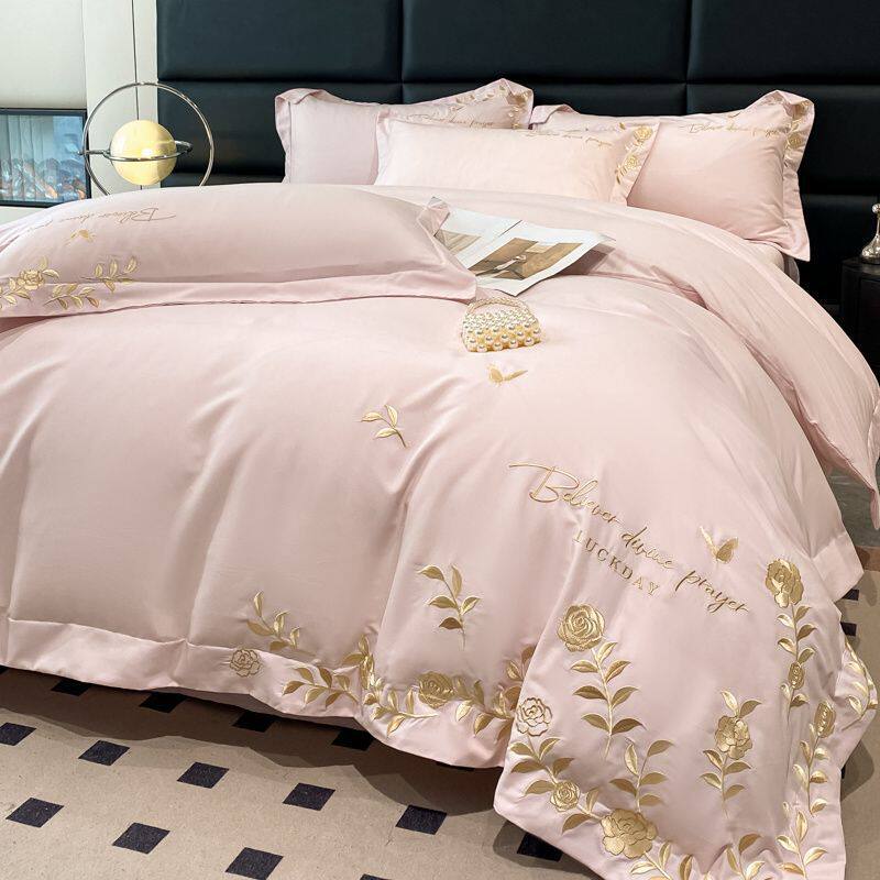Light Luxury Style Washed Cotton Four-Piece Set, Simple Quilt Cover, Naked Sleeping Bed Sheetss, Three-Piece Set, Skin-Friendly Cotton Embroidered Bedding