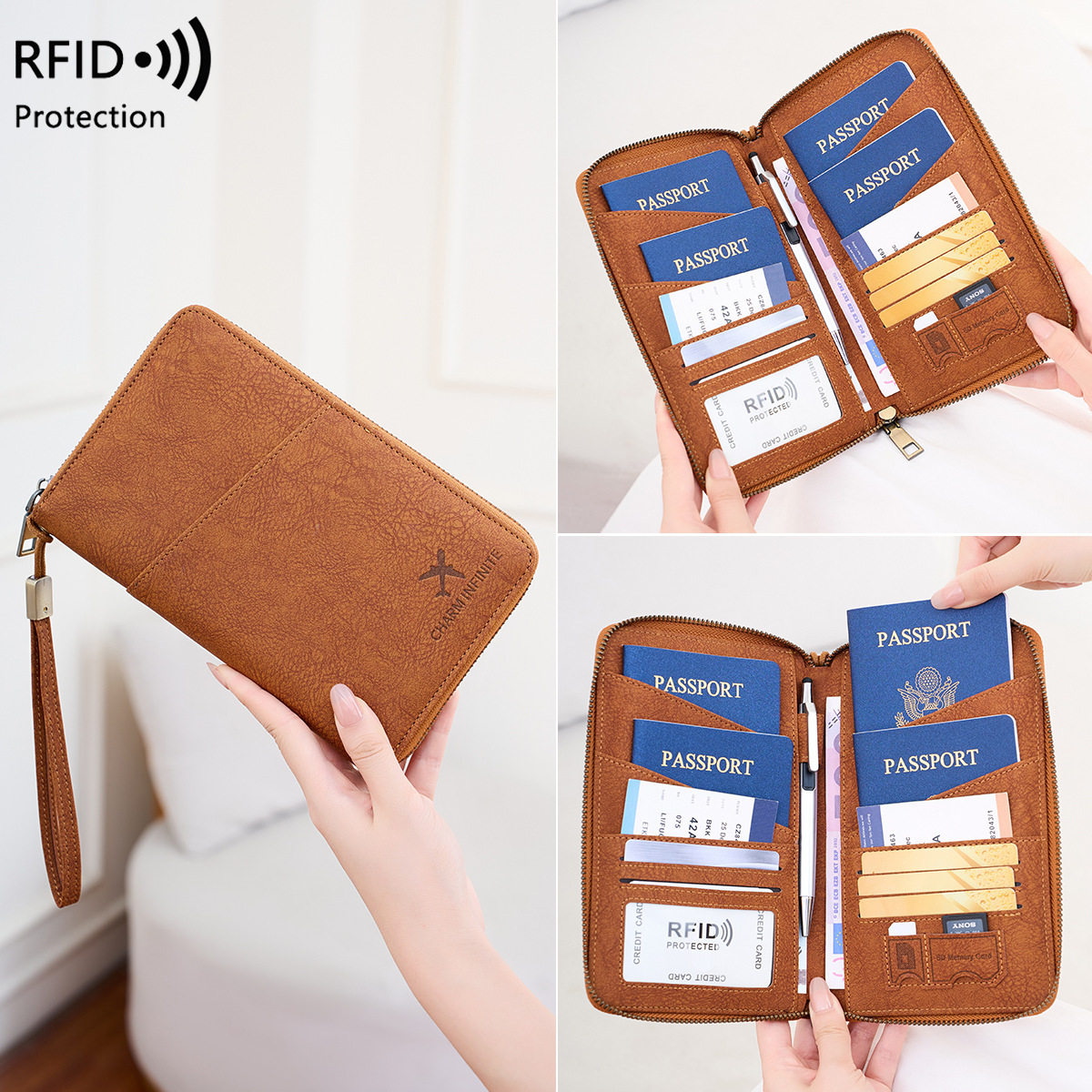 Cross-Border New Rfid Anti-Magnetic Passport Bag Long Zipper Passport Holder Multi-Functional Travel Ticket Storage Document Bag