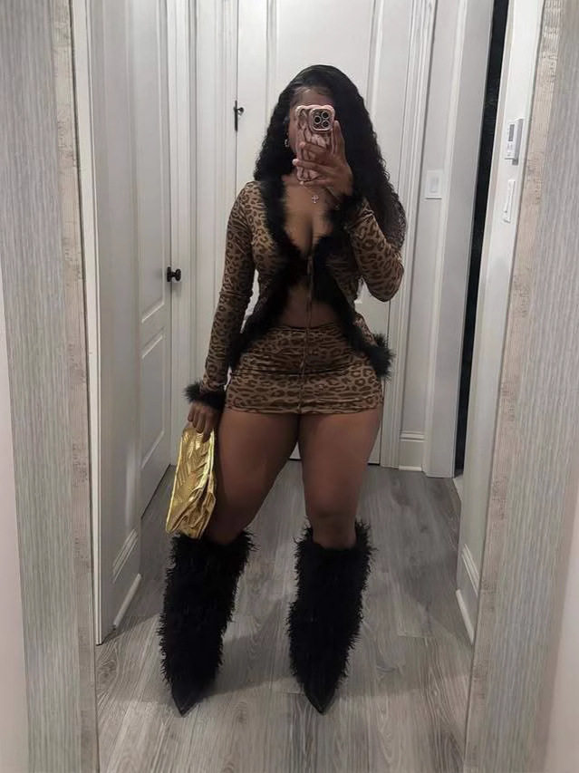 Turkish Feather Leopard Print Group Suit European and American New Sexy V Neck Strap Cardigan Short Street Sexy Hip-Hugging Short Skirt