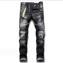DSQ2 European and American Tattered Painted Men's Jeans Slim Fit Ripped Patch Stretch D2 Jeans Tight Beggar Pants