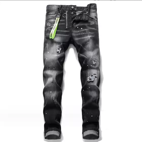 DSQ2 European and American Tattered Painted Men's Jeans Slim Fit Ripped Patch Stretch D2 Jeans Tight Beggar Pants