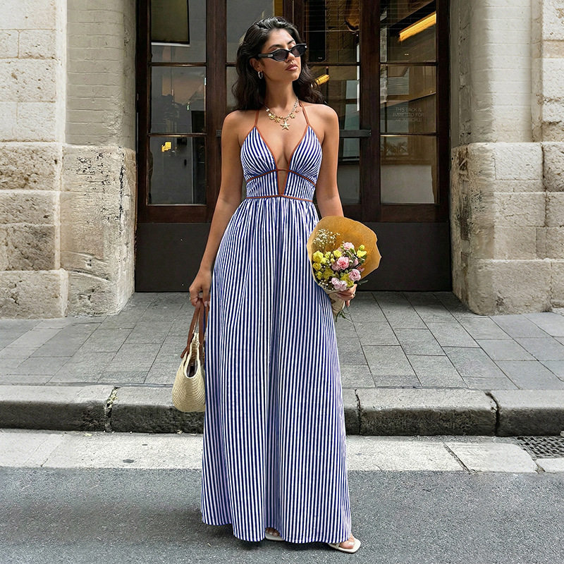 V Neck Striped Backless Dress Fresh Vacation Style Lightweight Fabric Summer Wear Wholesale Available