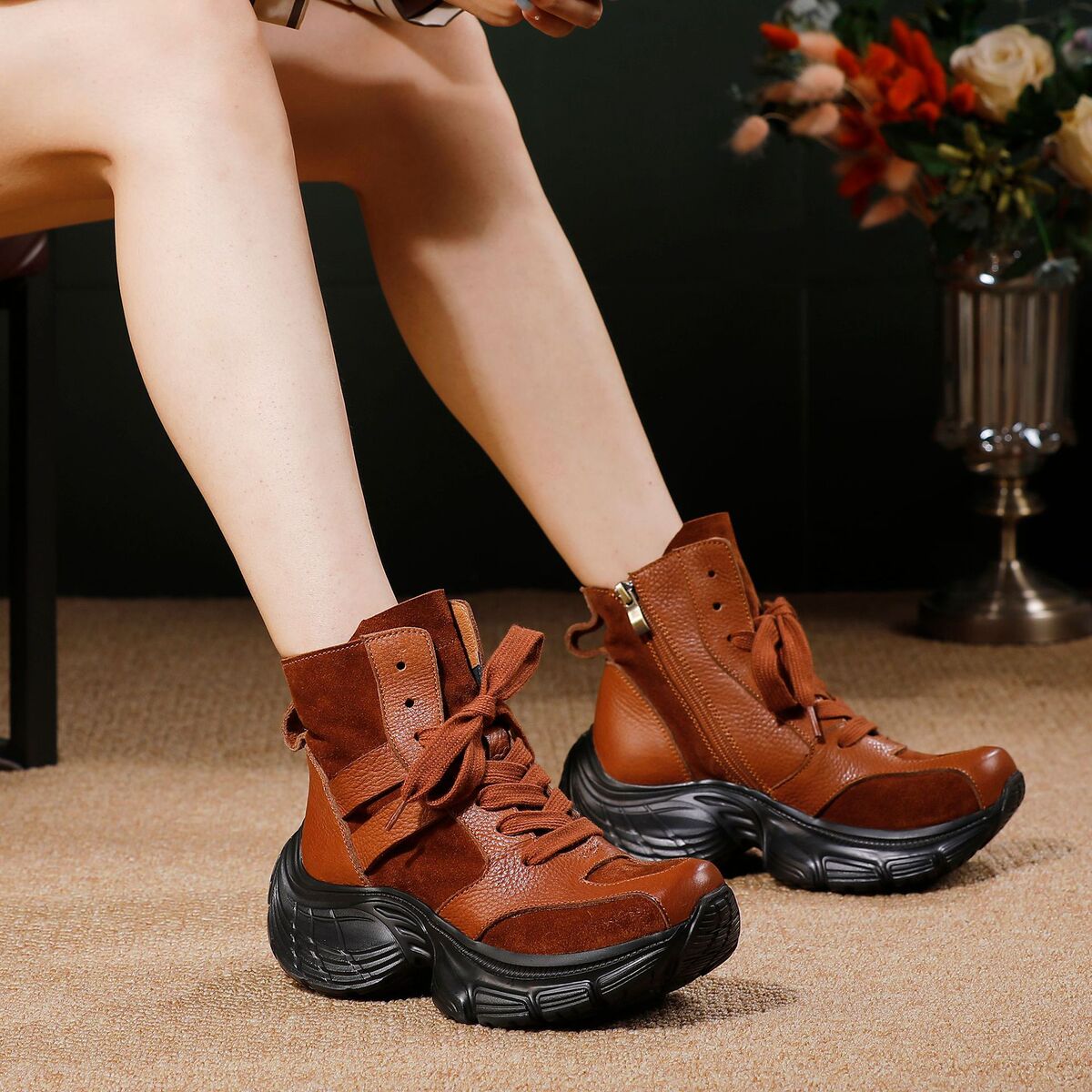Boot nữ cổ thấp da bò thật dây kéo hông phong cách cổ điển — màu đen, màu nâu