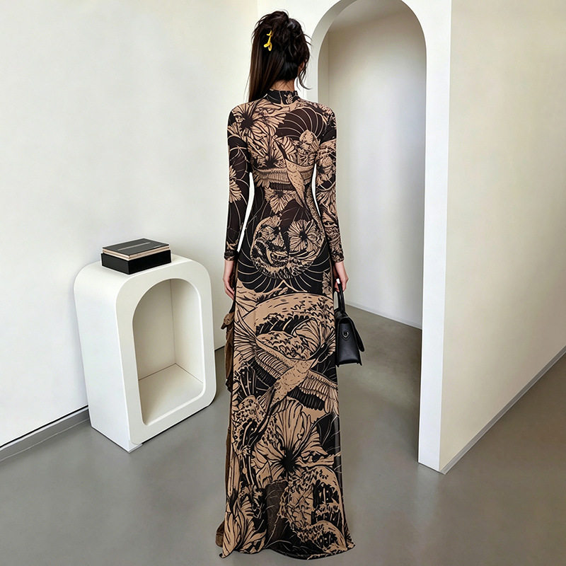 Fashionable Sheer Long Sleeve High Neck Top Sexy High Slit Design Spring Collection for Women Wholesale Available